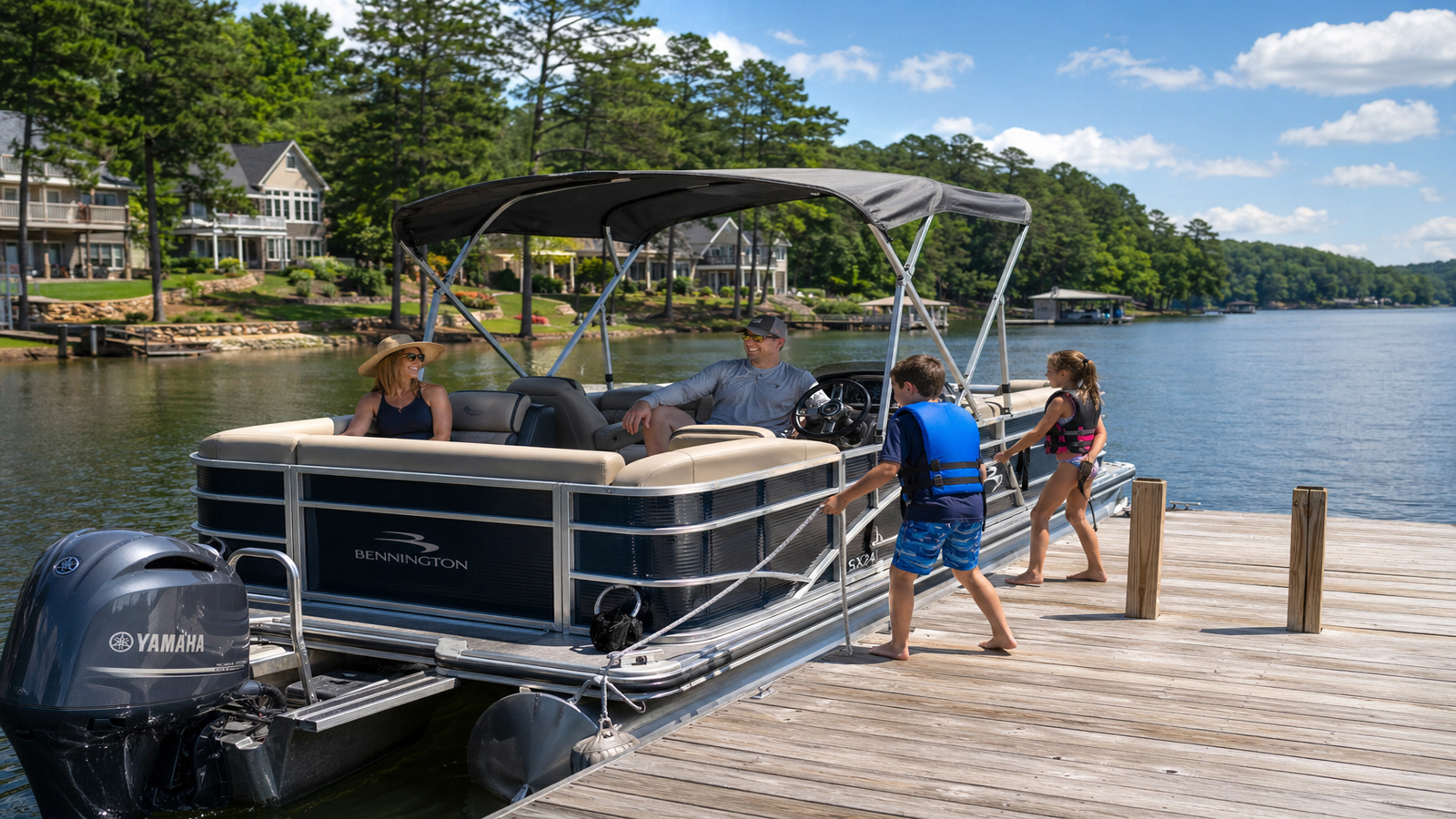 Family enjoying a pontoon boat day on Lake Wedowee