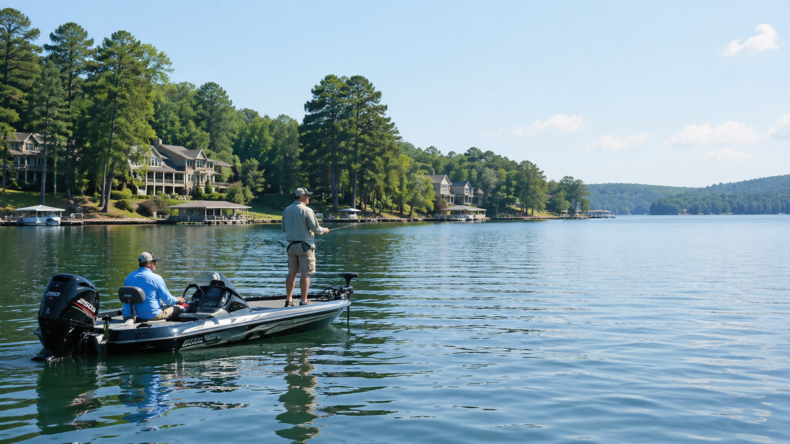 Anglers fishing from a boat on Lake Wedowee