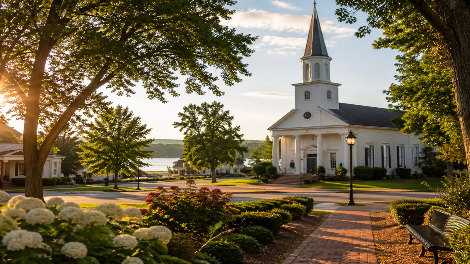 Community church and village green near Lake Wedowee