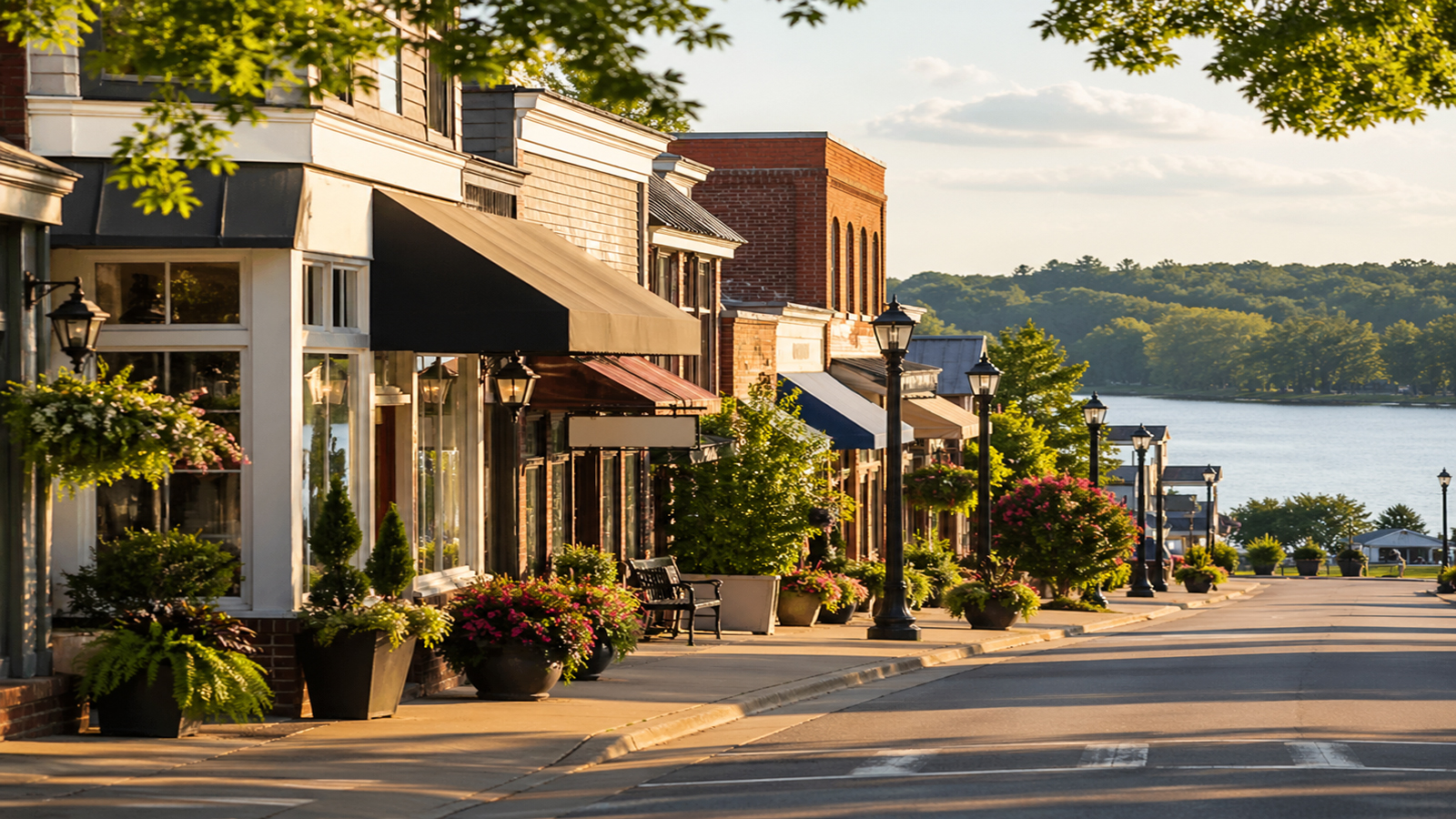 Local business storefronts in a lakeside town