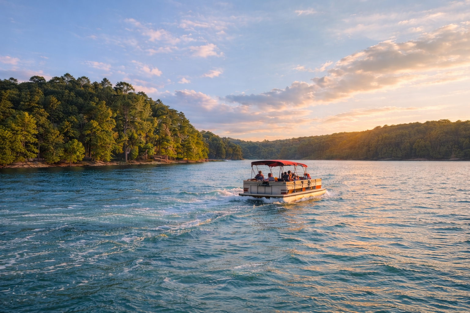 Boat on Lake Wedowee at golden hour