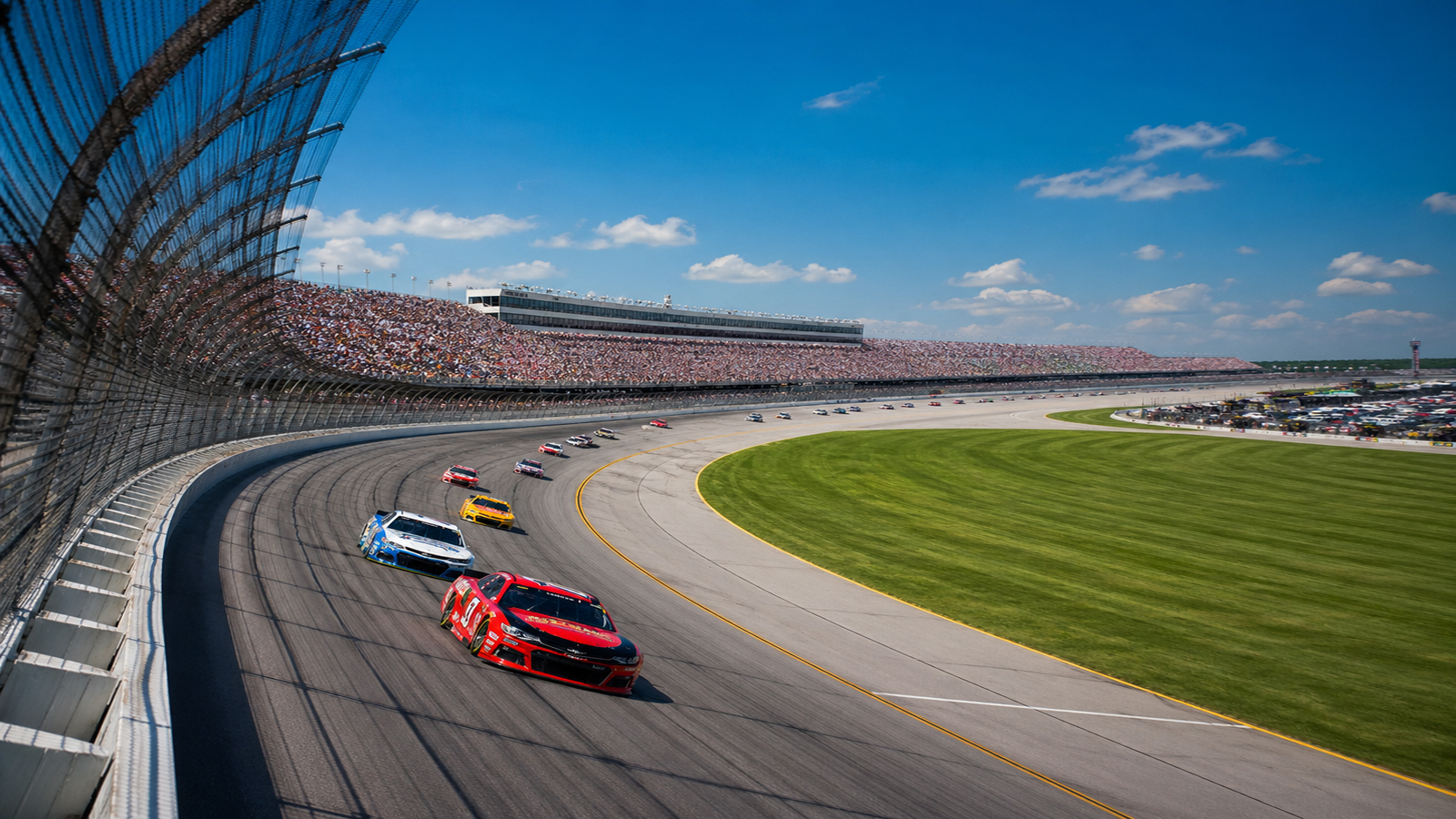 Stock cars racing on a superspeedway representing Talladega Superspeedway